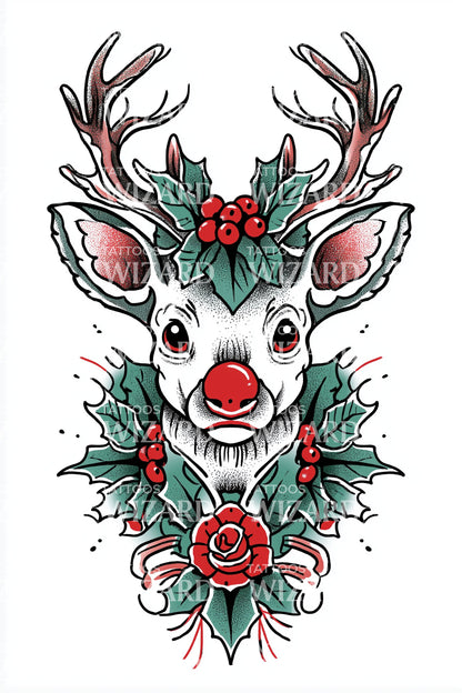 Festive Reindeer Face Tattoo Design