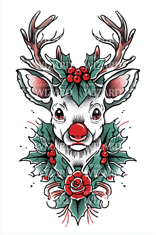 Festive Reindeer Face Tattoo Design