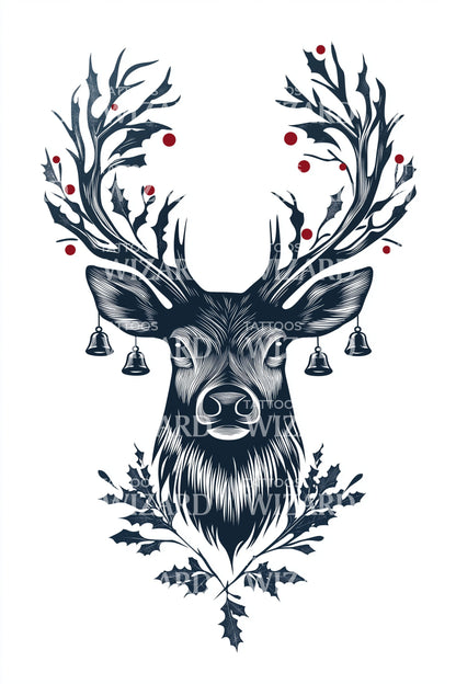Festive Reindeer With Ornaments Tattoo Illustration