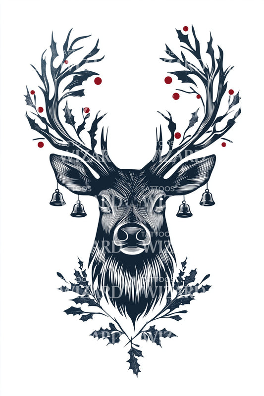Festive Reindeer With Ornaments Tattoo Illustration