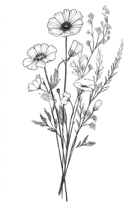 Field Flower Linework Tattoo Design