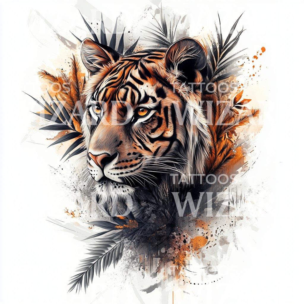 Fierce Bengal Tiger with Feathers Tattoo Idea