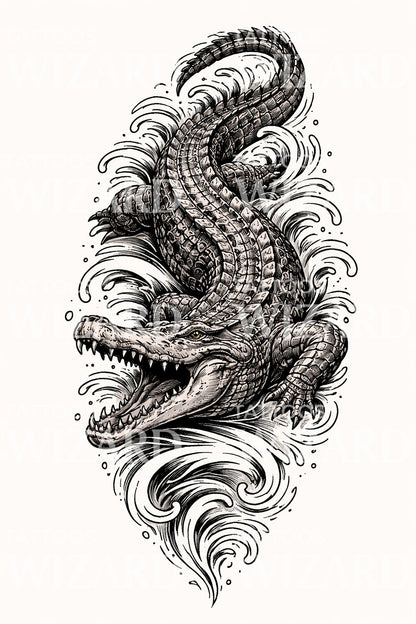 Fierce Crocodile Splash Tattoo Design