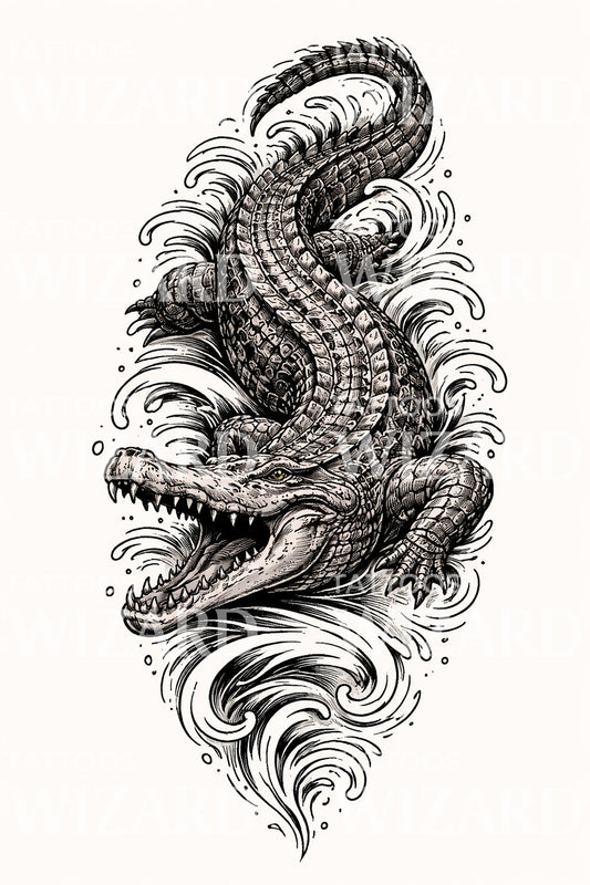 Fierce Crocodile Splash Tattoo Design
