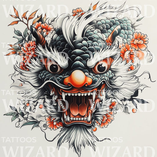 Fierce Dragon Mask Tattoo Illustration