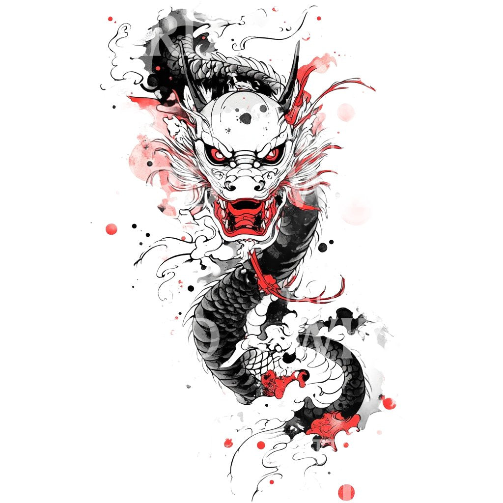 Fierce Oni Mask with Blood Splatter Tattoo Design