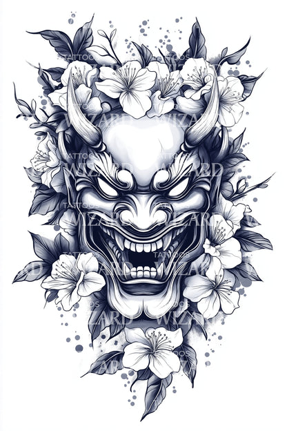 Ilustração de Tatuagem com Visagem Oni Feroz
