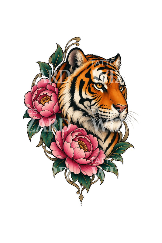 Wilder Tiger zwischen Pfingstrosen, Tattoo-Design