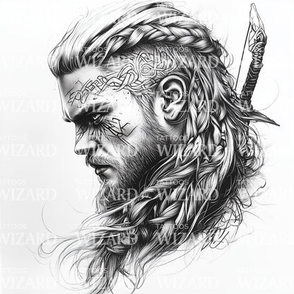 Tatouage de guerrier viking féroce avec épée et tresses idée de tatouage