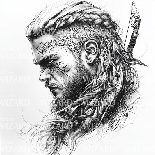 Fierce Viking Warrior Tattooed with Sword and Braids Tattoo Idea