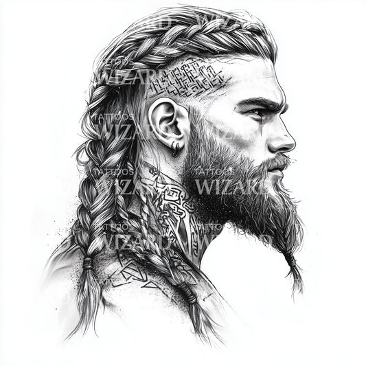 Fierce Viking Warrior with Braided Hair Tattoo Design