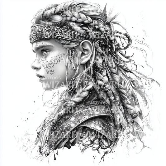 Fierce Young Viking with Braided Hair Tattoo Idea