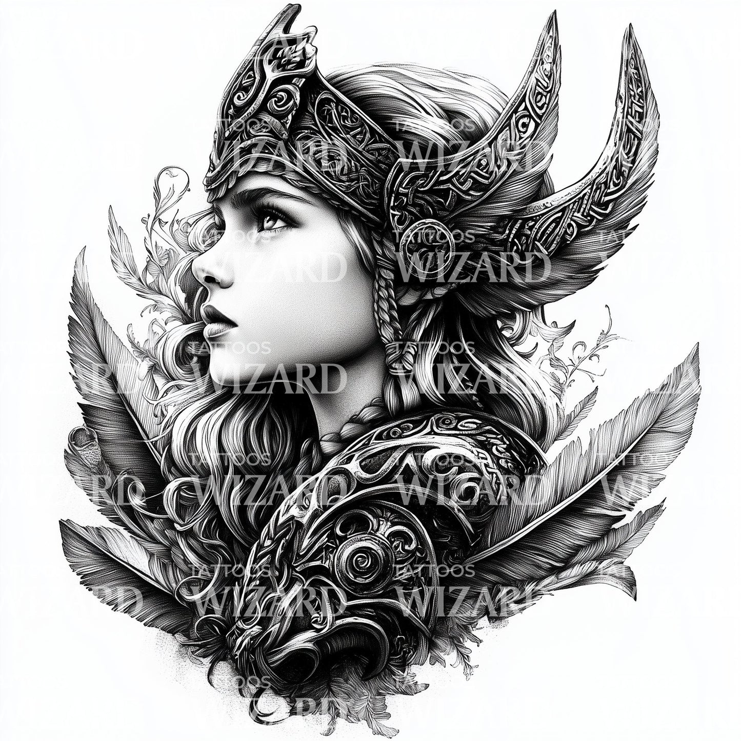 Fierce Young Viking Woman with Helmet Tattoo Design