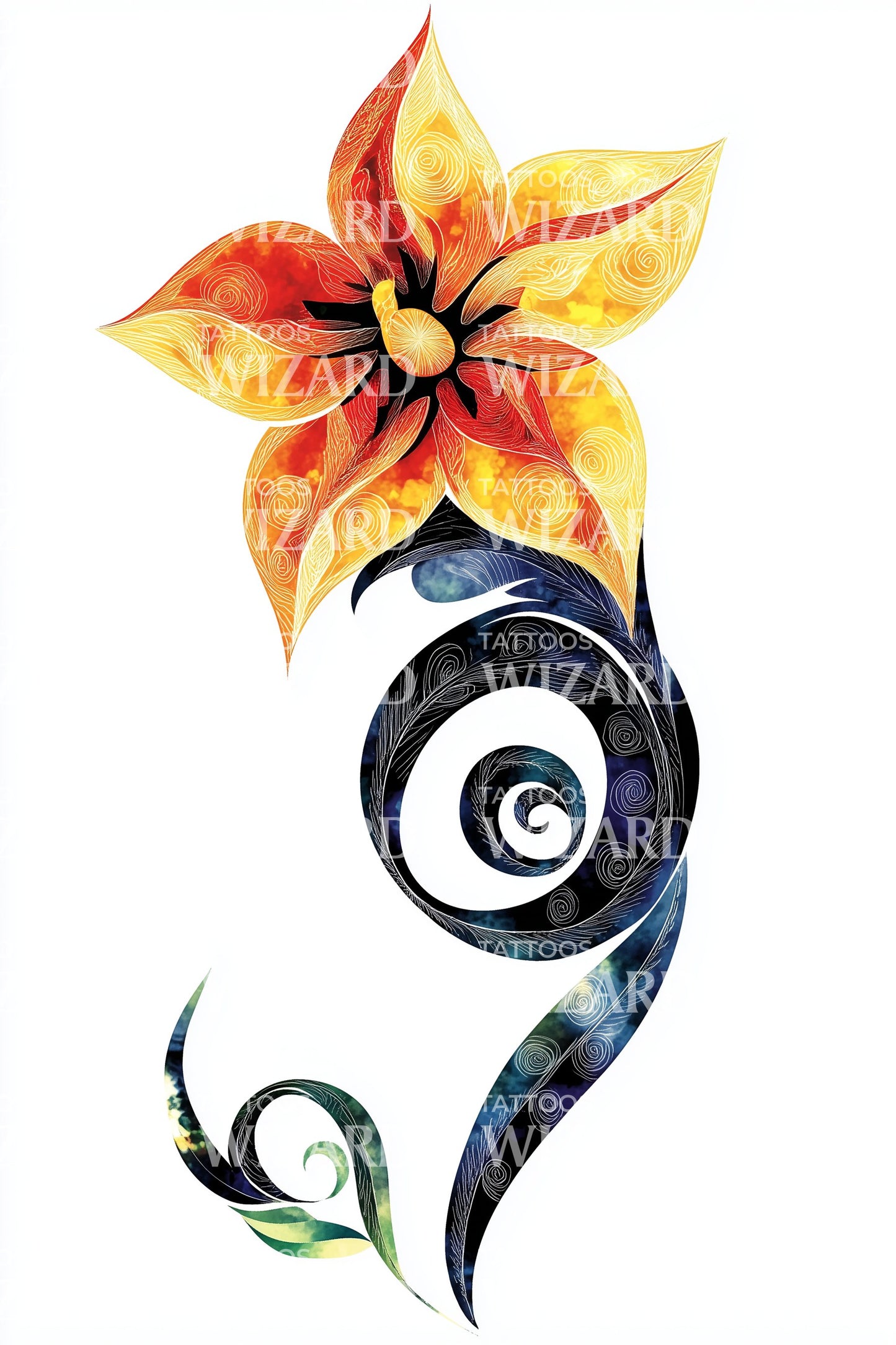 Ilustração de Tatuagem de Lírio Flamejante em Espiral