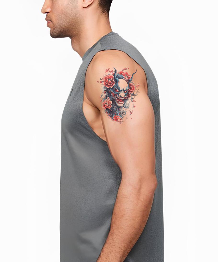 Fiery Oni Mask with Flowers Tattoo Design