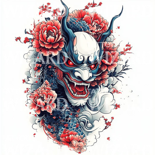 Fiery Oni Mask with Flowers Tattoo Design