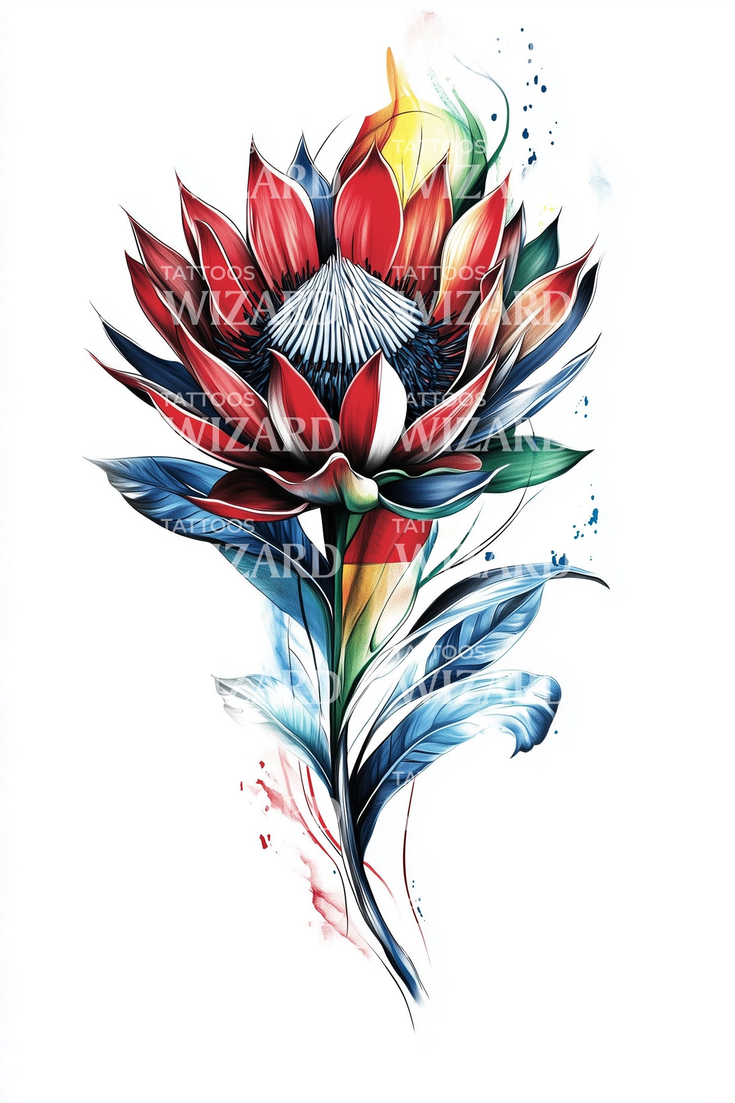 Desenho de Tatuagem de Flor de Protea Flamejante