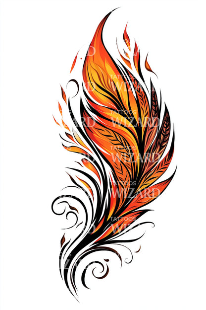 Fiery Quill Feather Tattoo Design