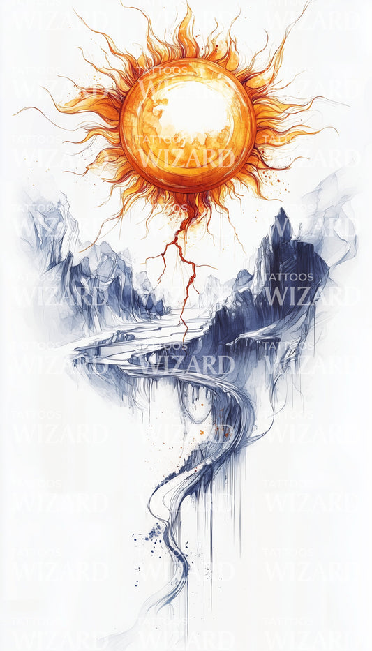 Fiery Sunburst Watercolor with Mystical Smoke Tattoo Illustration