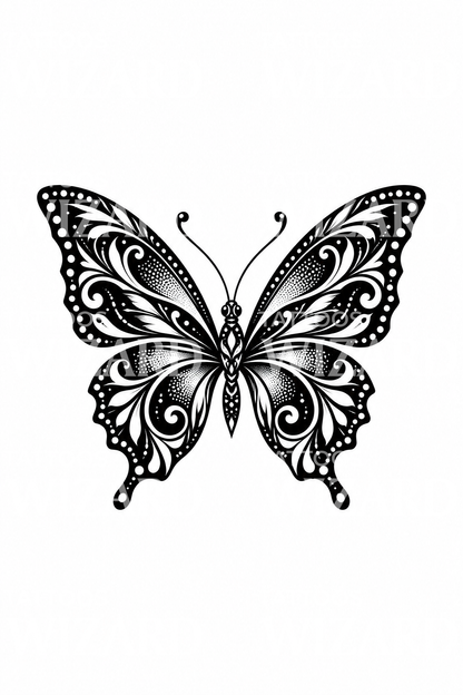 Blackwork-tatovering med filigran-sommerfugl