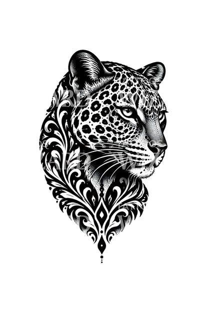 Diseño de tatuaje blackwork de cabeza de leopardo con filigrana