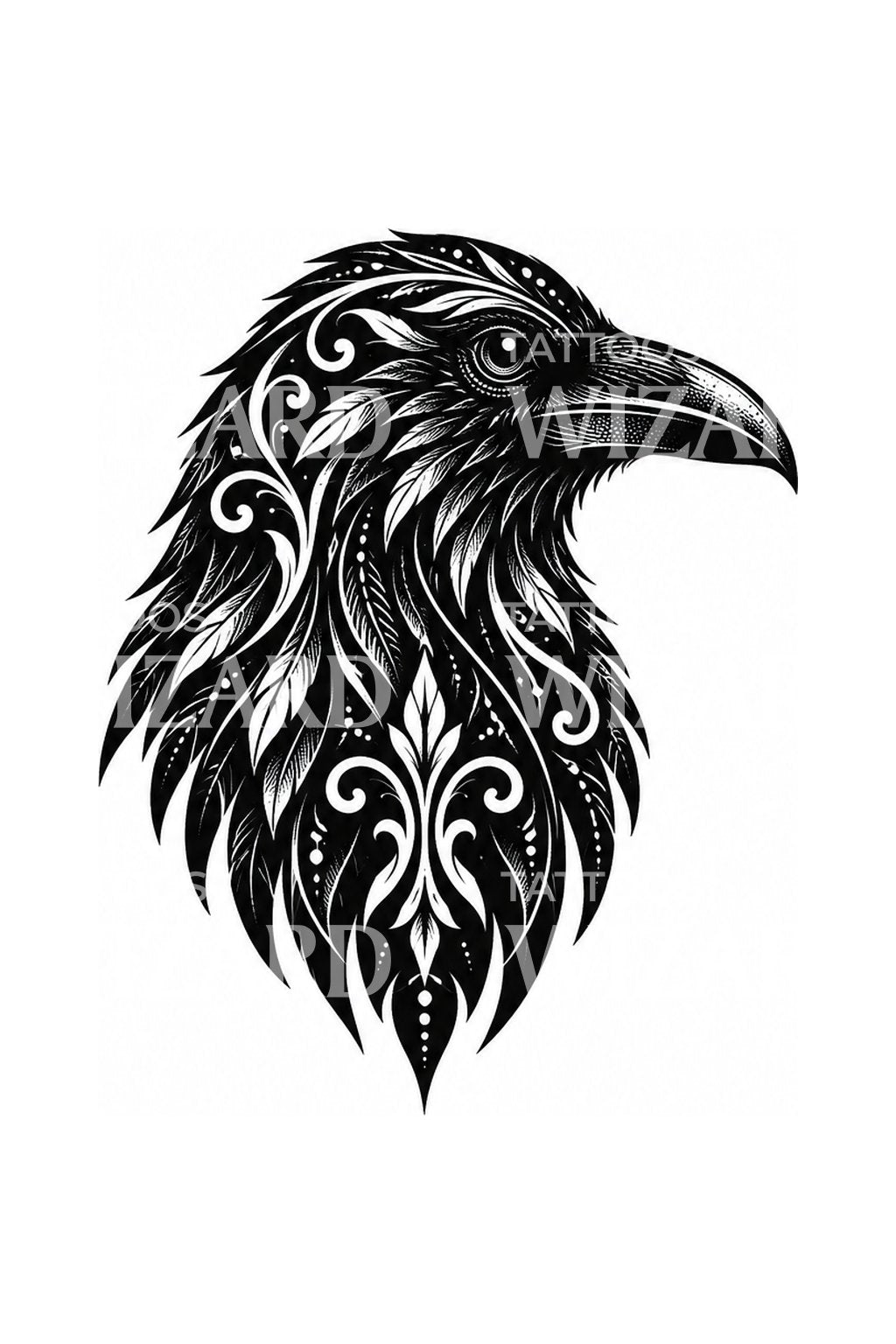Filigrane Tattoo-Illustration eines Raben kopfes im Blackwork-Stil