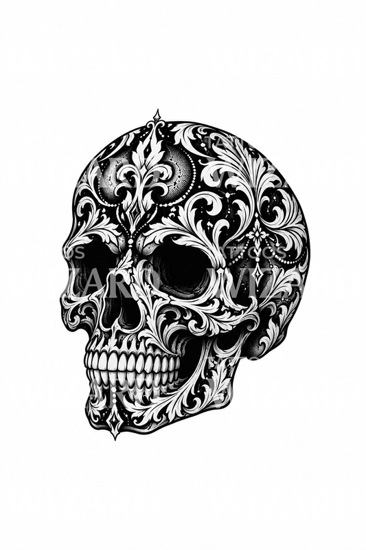 Výrazný blackwork tetovací design lebky s filigránem