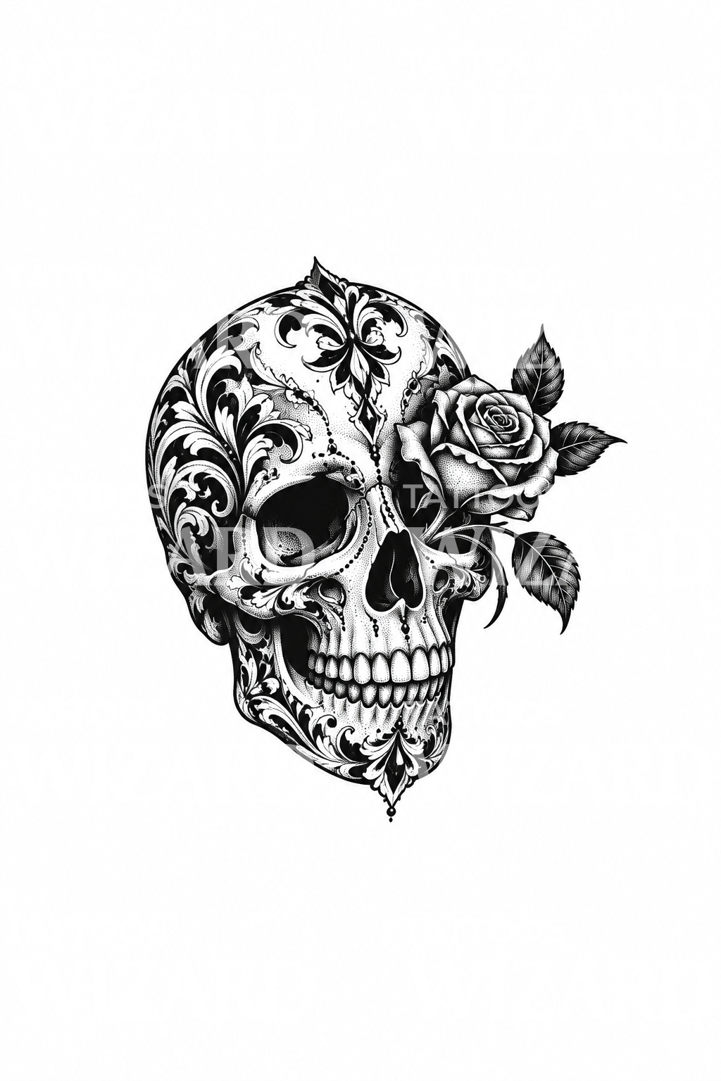 Tatouage blackwork de crâne filigrané avec rose