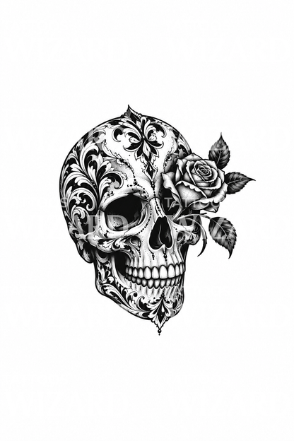 Tatouage blackwork de crâne filigrané avec rose