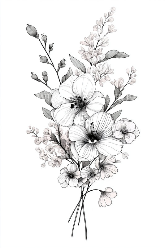 Fine Line Blossom Bouquet Tattoo Design