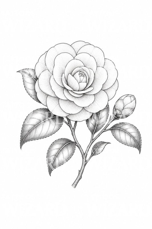 Fine Line Tattoo-Illustration einer Kamelie