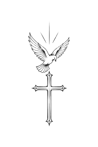 Diseño de tatuaje de Cristo crucificado y paloma en línea fina