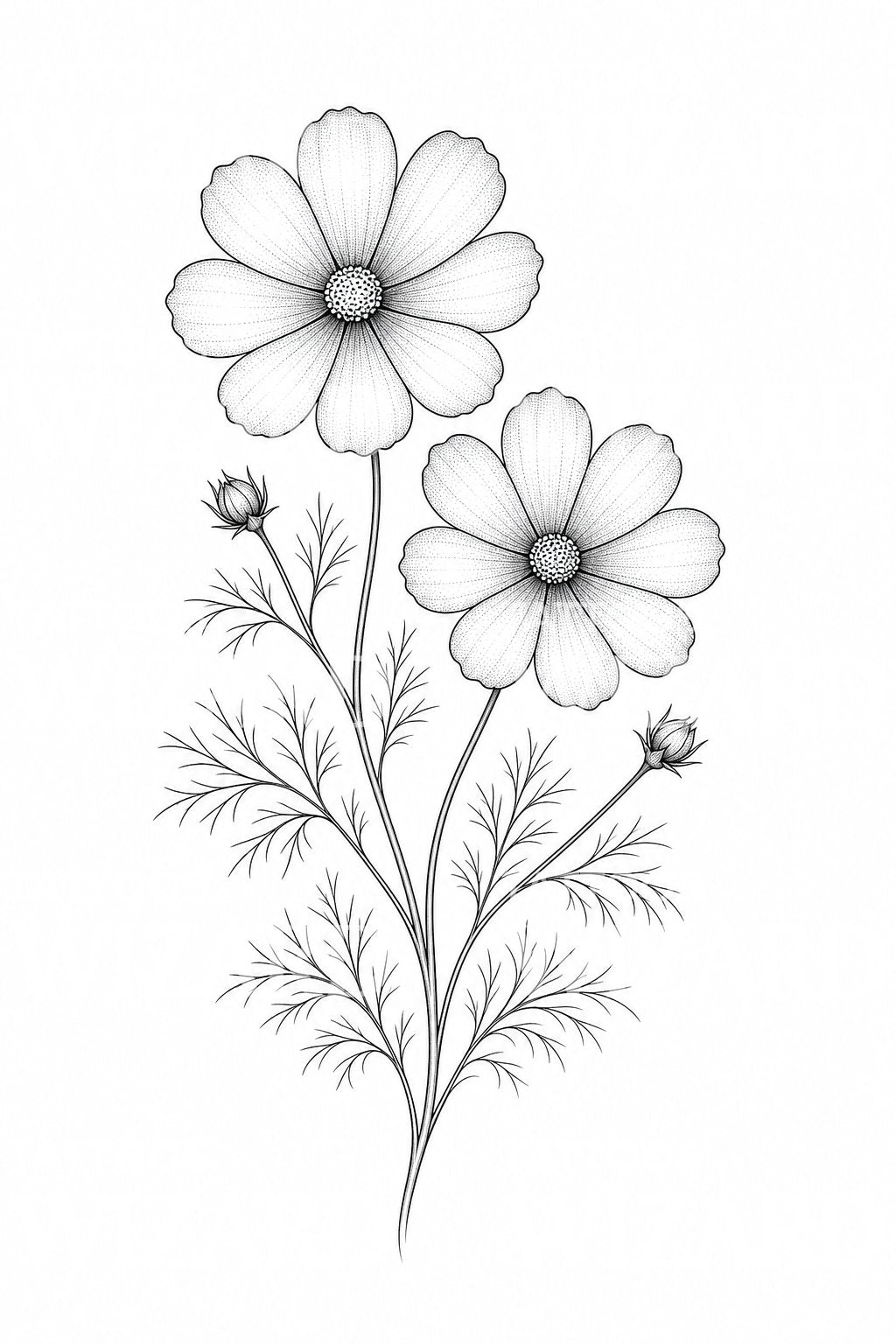 Fine Line Cosmos Flower Tattoo Design