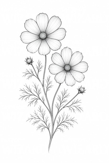 Fine Line Cosmos Flower Tattoo Design