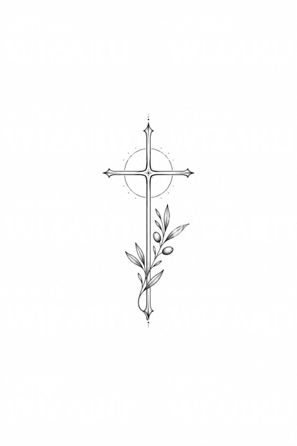 Fine Line Cross with Halo and Olive Sprig Tattoo Idea