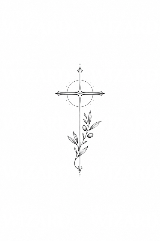Fine Line Cross with Halo and Olive Sprig Tattoo Idea
