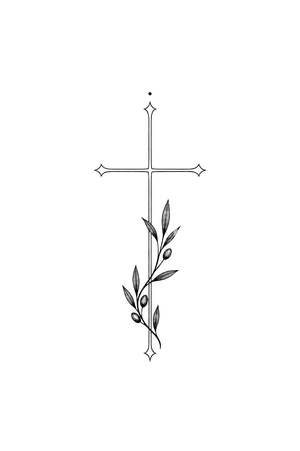Fine Line Cross with Olive Sprig Tattoo Idea
