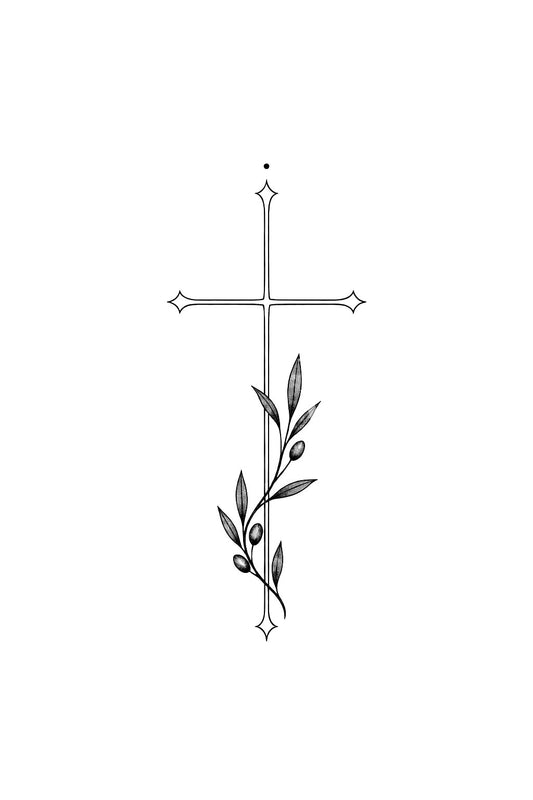 Fine Line Cross with Olive Sprig Tattoo Idea