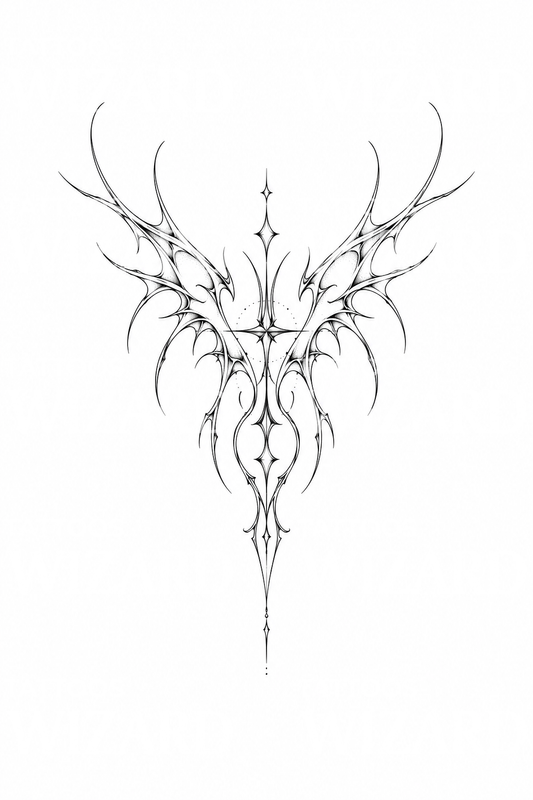 Fine line-tatoeageontwerp van een gevleugelde cybersigil