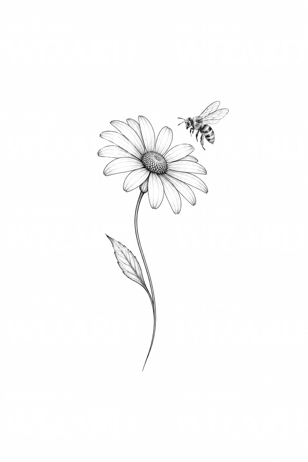 Fine Line Daisy with Tiny Bee Tattoo Idea