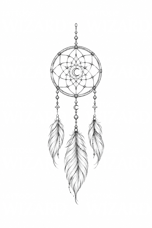 Fine Line Dreamcatcher with Crescent Moon Tattoo Design