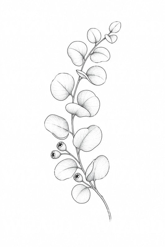 Diseño de tatuaje fine line de rama de eucalipto