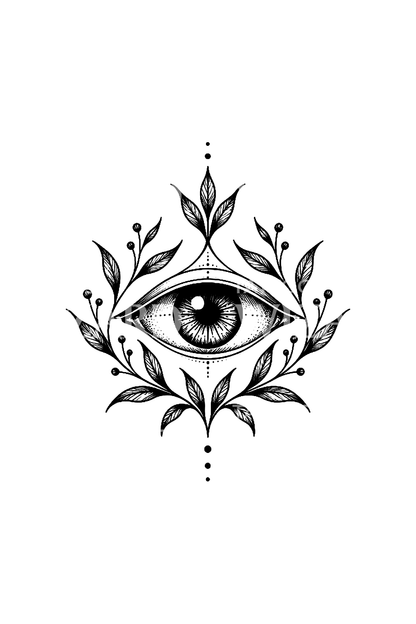 Тату злого глаза тонкой линией с короной из листьев