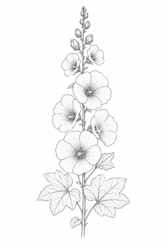 Diseño de tatuaje de malvarrosa en línea fina