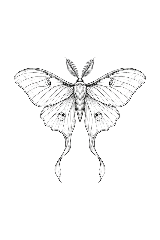 Fine Line Luna Moth with Long Tails Tattoo