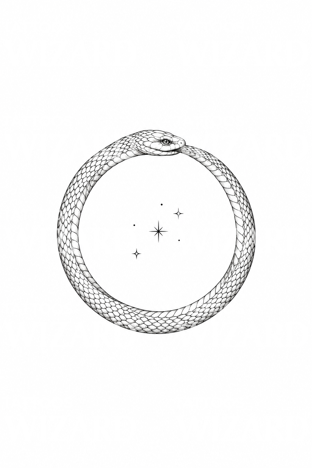 Fine-Line-Tattoo-Idee: Ouroboros-Ring mit Sternen