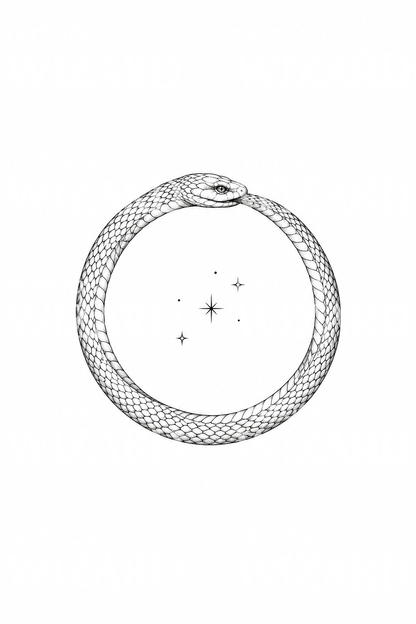 Fine-Line-Tattoo-Idee: Ouroboros-Ring mit Sternen