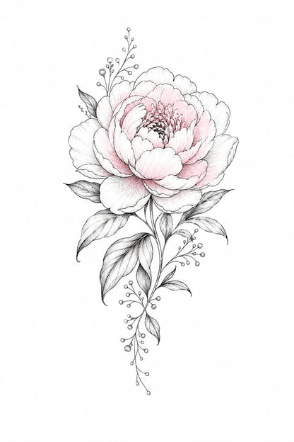 Fine Line Peony Bloom Tattoo Idea