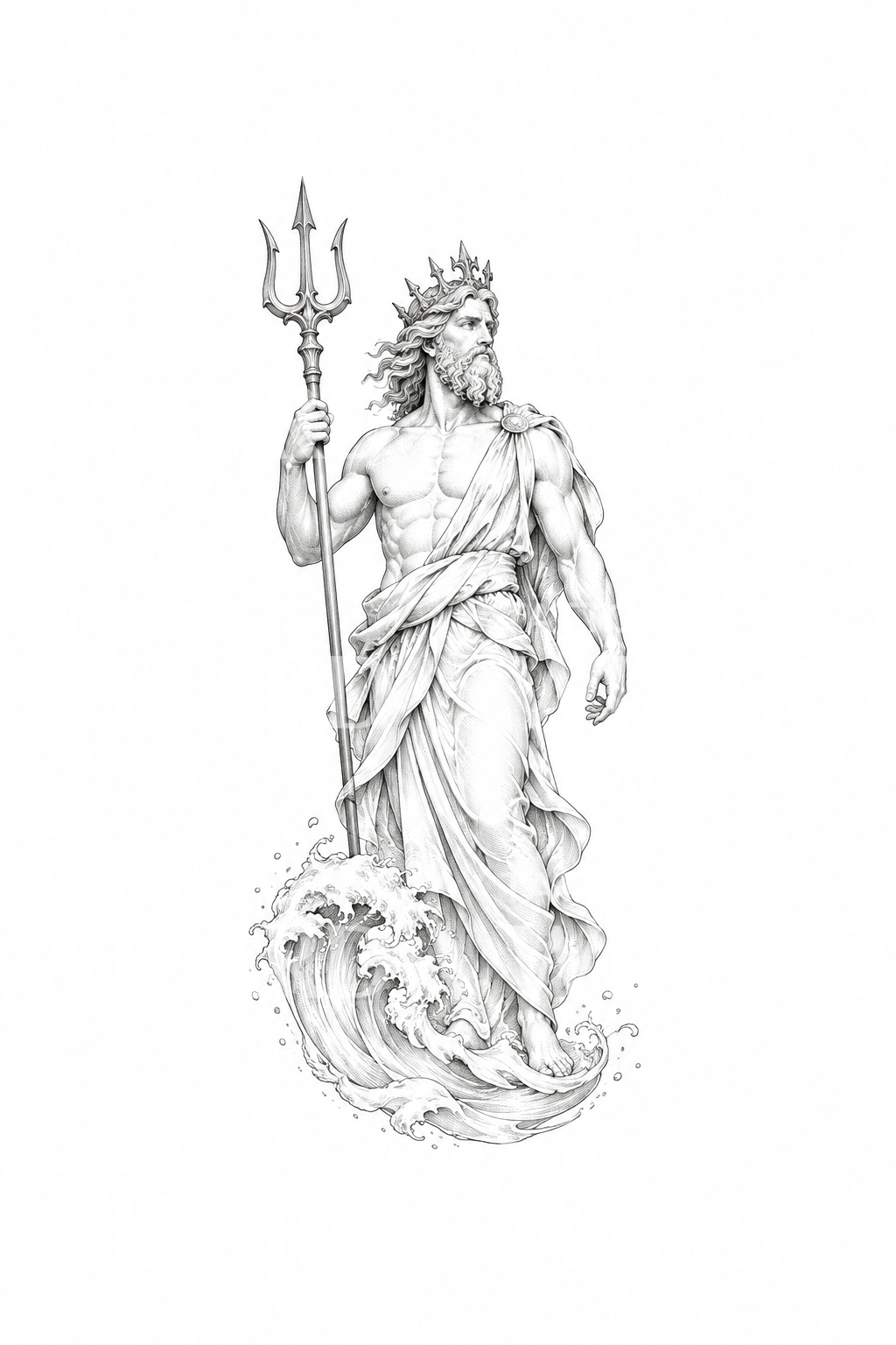 Fine Line Poseidon Statue on a Wave Tattoo Design