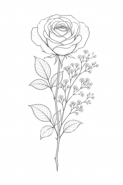Fine Line Rose and Babys Breath Tattoo Idea
